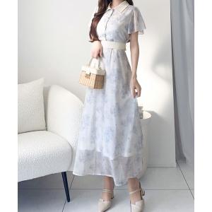 パーティードレス ワンピース 夏 半袖 「mily bilet」夏を涼む相棒ワンピ♪水彩フラワーが上品。シアーフローラル バックリボンワンピース (半袖) (ロング)