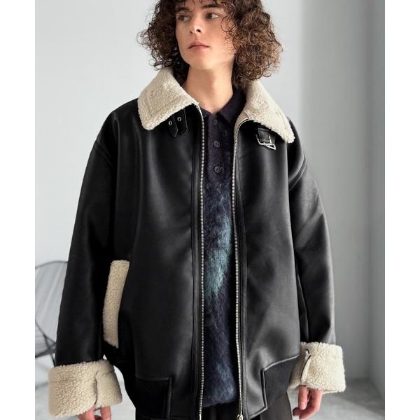 ムートンジャケット ムートンコート 2way襟ボア切り替えフェイクレザームートンジャケット／2way...