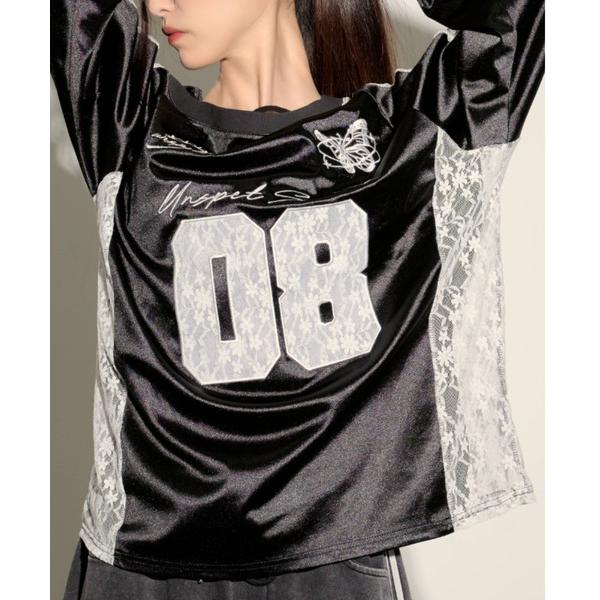 tシャツ 「.KOM/ドットケーオーエム」ナンバーオフショルダー長袖トップス「GC」 レディース
