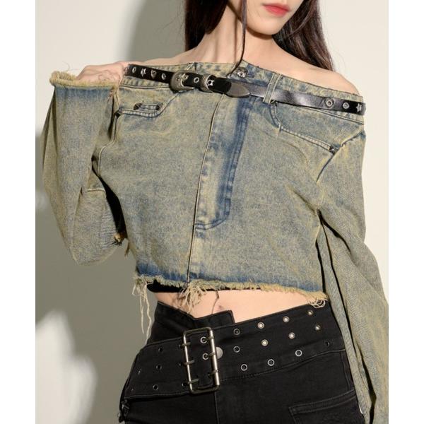 tシャツ 「.KOM/ドットケーオーエム」ベルト付オーバーダイデニムトップ リメイクデニム「GC」 ...