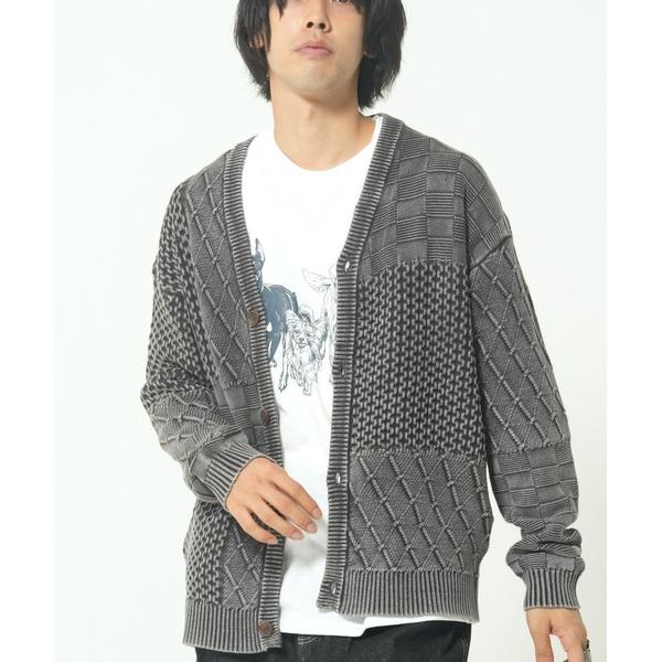 セーター ニット ストーンウォッシュ加工 パッチワーク風ニットカーディガン(M1) メンズ