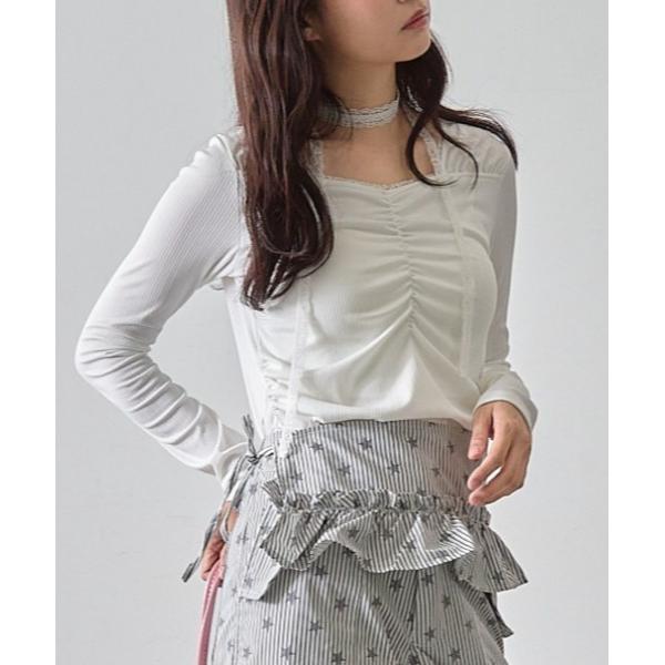 tシャツ レースタイ付きリブフリルトップス レディース