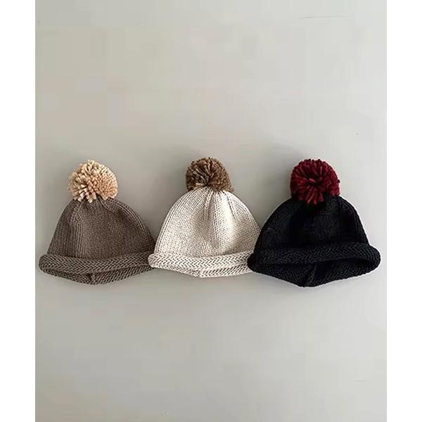 ニット帽 ニットキャップ 「 Bambin / ボンバン 」　バイカラー ポンポン付 ロール ニット...