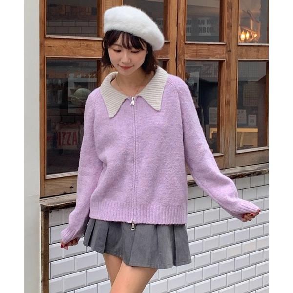 カーディガン ダブルジップバイカラーニットジャケット レディース