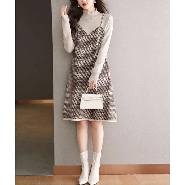 ワンピース だまし絵風 長袖ニットワンピース