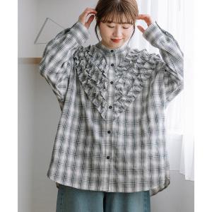 ブラウス シャツ フロントフリルチェックシャツ レディース