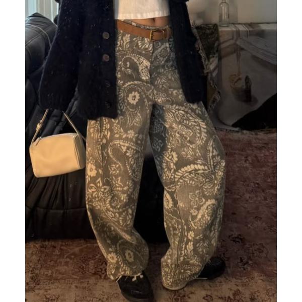 ジーンズ デニム デニムパンツ 秋冬新柄！アートペイズリーワイドパンツ／トレンド感漂うセミバギーシル...