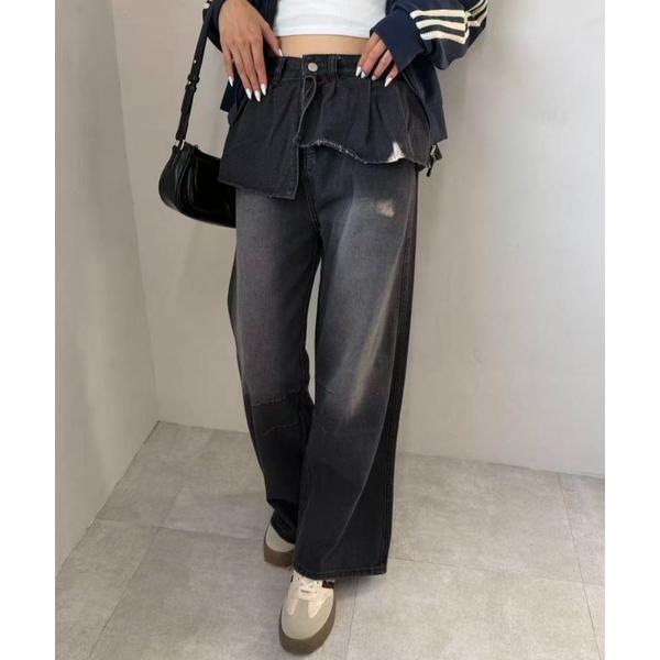 ワイドパンツ ジーンズ デニム デニムパンツ レイヤードブラックデニムパンツ レディース