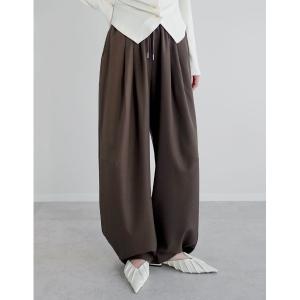 ワイドパンツ パンツ 「低身長/高身長サイズ有」ストレッチミックスツイルボリュームギャザードロストバレルレッグワイドイージーパンツ レディース