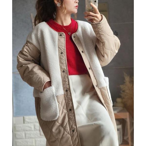 ダウンコート ダウンジャケット 中綿キルト×ボア切り替えノーカラーコート レディース