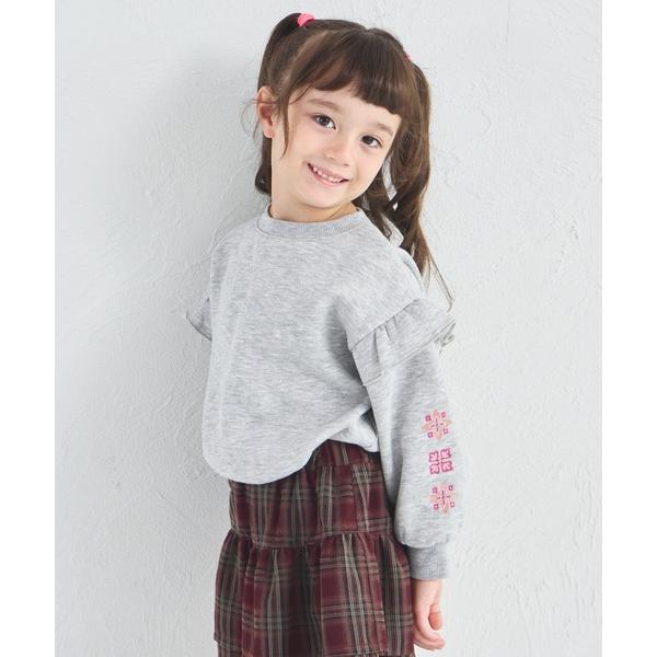 トレーナー  「ぬくふわ」裏起毛 肩フリル ステッチ風 袖刺繍 トレーナー キッズ 子供服 女の子