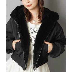 ブルゾン アウター 「2WAYリバーシブル」ショート丈フードフェイクファーナイロンブルゾン レディース