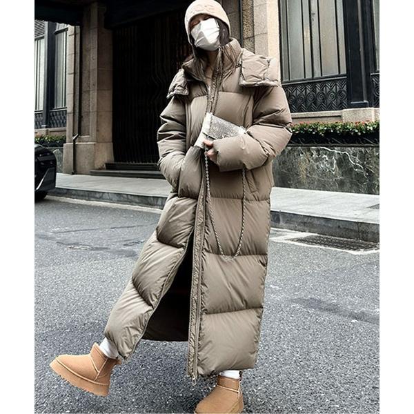 ダウンコート ダウンジャケット フード付き中綿マキシロングダウンコート レディース