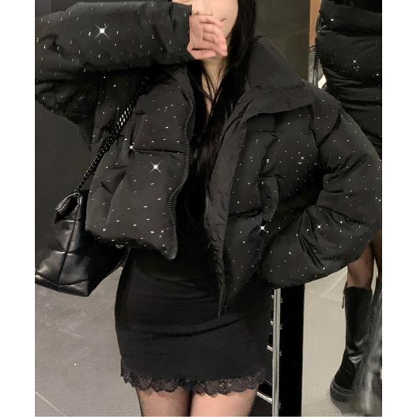 ダウンコート ダウンジャケット キルティング中綿ビジューダウンジャケット レディース