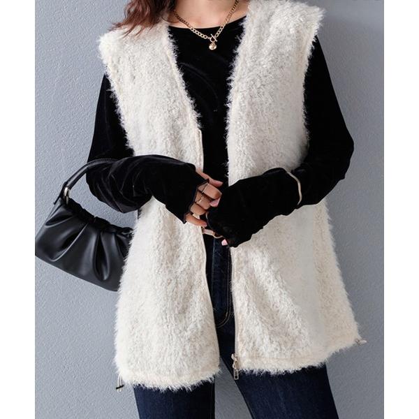 ベスト ジレ シャギーボアWジップベスト レディース