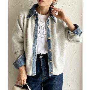 カーディガン フェイクレイヤード異素材ドッキングデニム切替ニットカーディガン レディース