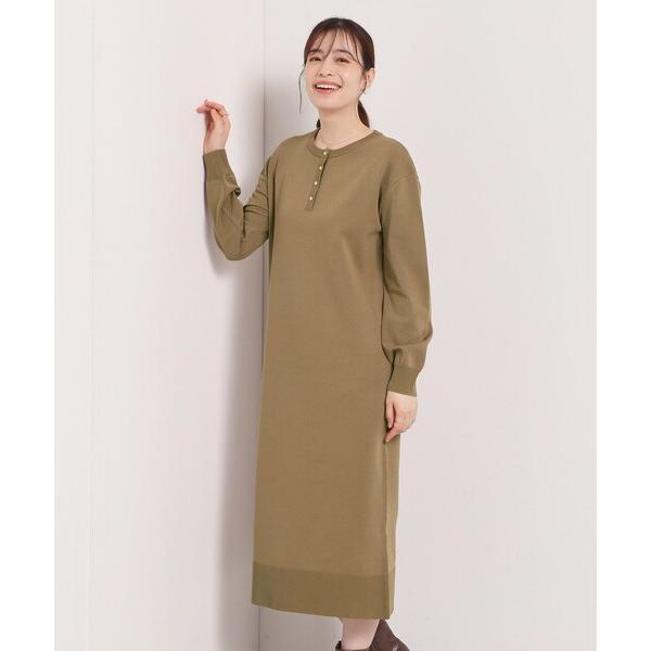 ワンピース 「縮みに強い／洗濯機OK」ヘンリーネックニットワンピース