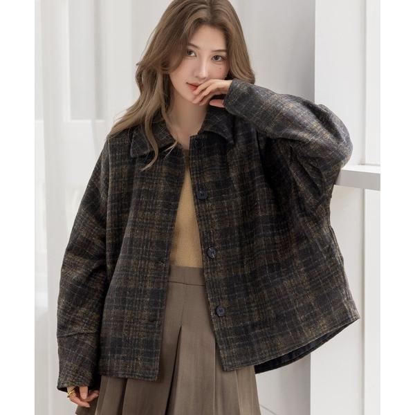 コート アウター 「裏キルティング/前後アシメで後ろ姿カバーアップ」長袖チェック襟ドルマンスリーブシ...