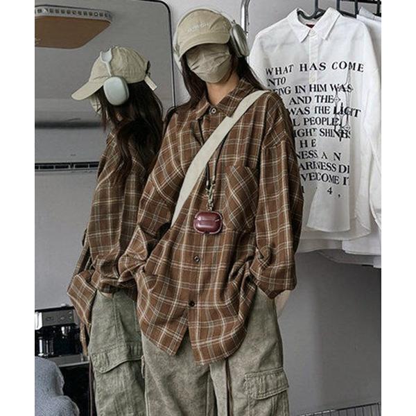 ブラウス シャツ ユニセックス ルーズチェックシャツ 長袖/韓国 ストリート レディース メンズ