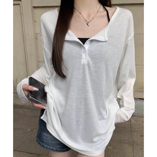 tシャツ ルーズヘンリーネック リブニットトップス 長袖／ロンT 日焼け UV対策 レディース