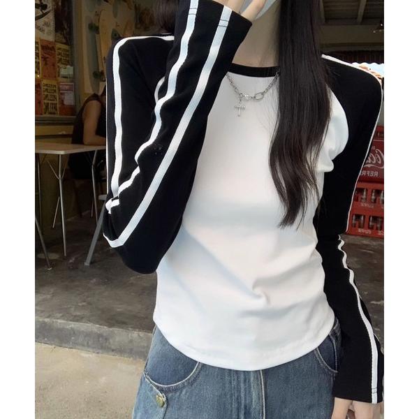 tシャツ ラインデザイン リブニット トップス ロンT長袖／韓国 スポーティ Y2K レディース