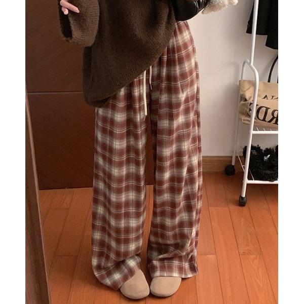 パンツ チェック柄 ワイドパンツ /ルーズシルエット レディース