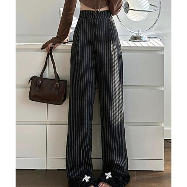 パンツ 美脚 ストライプワイドパンツ／ルーズシルエット スラックス 韓国 レディース
