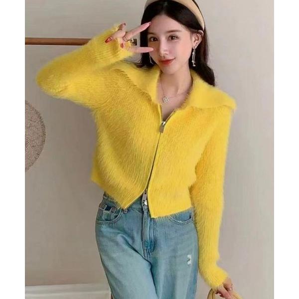 カーディガン ダブルジップ ショート シャギーニットカーディガン / ファー風フェザーニット レディ...
