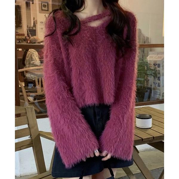 ニット セーター ふわふわ ルーズシャギーVネックニット / オーバーサイズフェザープルオーバー 韓...