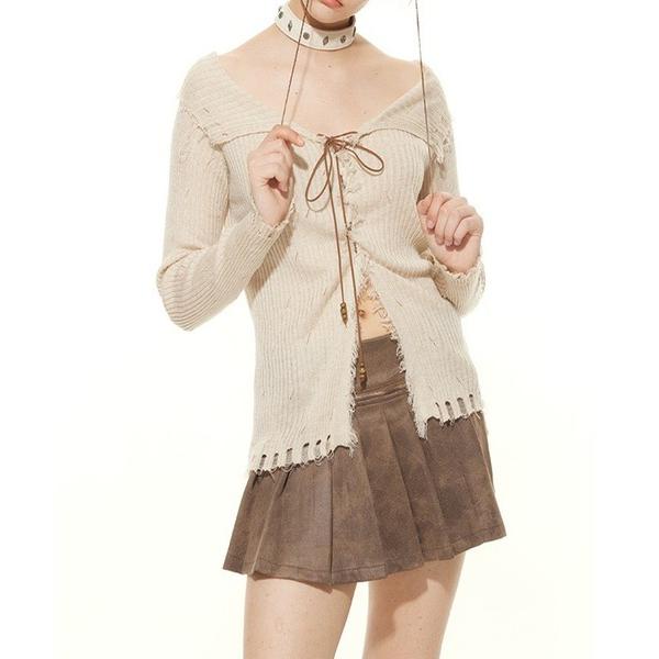 ニット セーター スリムフィットレースアップ Vネックリブニットトップス 長袖 / レースアップ 韓...