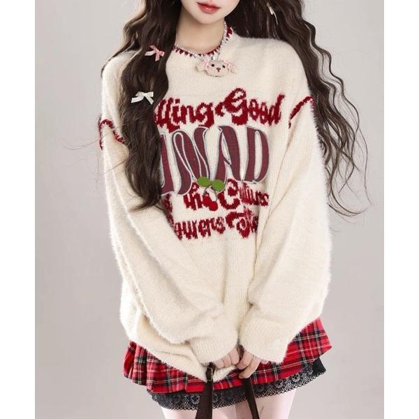 ニット セーター ロゴ刺繍 チェリー付き ステッチふわふわニットプルオーバー / 韓国ストリート カ...