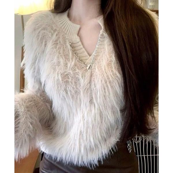 ニット セーター ファー風 Vネック シャギーニット トップス/韓国 Y2K ふわふわ 秋冬 レディ...