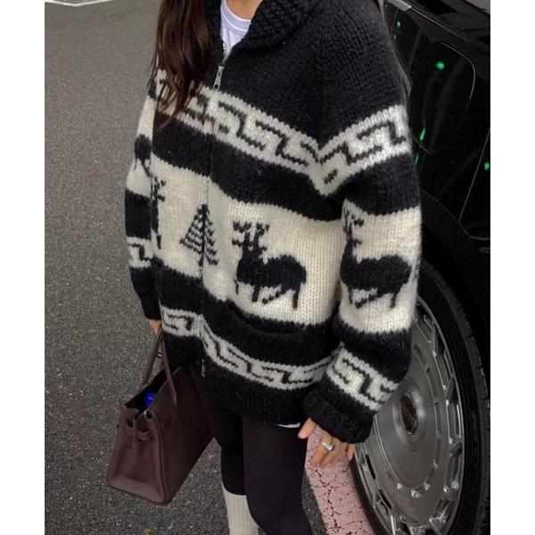 カーディガン ノルディック柄ジャガードジップカーディガン /トナカイモチーフ ジャガード 韓国 秋冬...