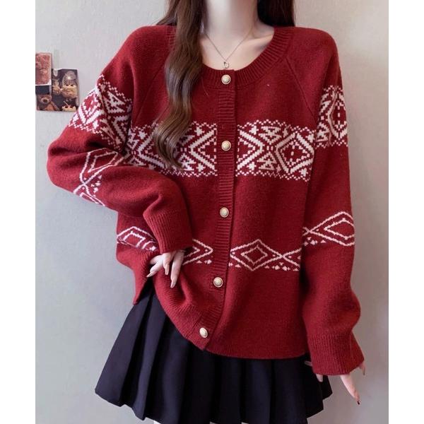 カーディガン ジャガード ノルディック柄 ボーダーニットクルー カーディガン / 韓国ガーリー レデ...