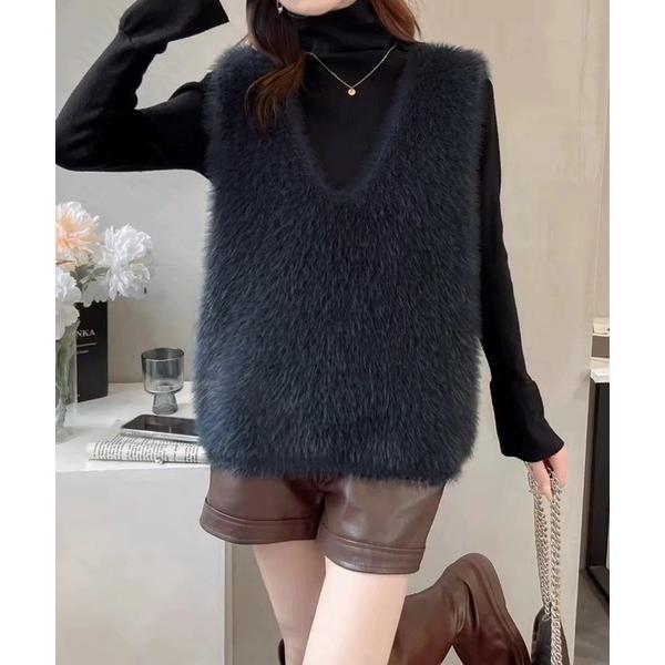 ベスト ジレ フェザーニットルーズ Vネックベスト/韓国 Y2K レイヤード 秋冬 ファー レディー...