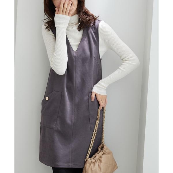 スカート 金ボタン使いスエード調ジャンパードレス