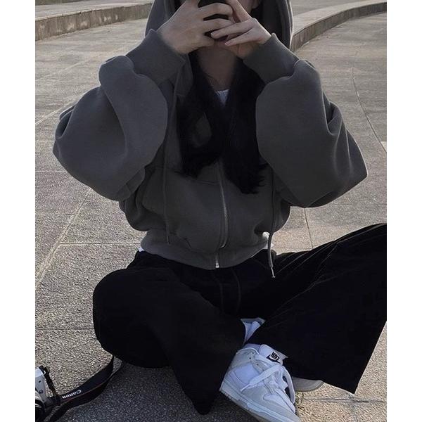 パーカー ショート丈 ジップアップパーカー 裏起毛 /韓国 空港コーデ Y2K オーバーサイズ フー...