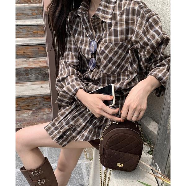 シャツワンピース ウエストマーク チェックシャツ ワンピース 長袖/韓国 Y2K ルーズシルエット
