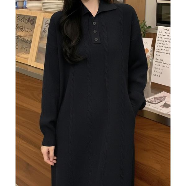 ワンピース ケーブル編み ポロニットワンピース /ケーブルニット ロングワンピース 韓国フェミニン ...