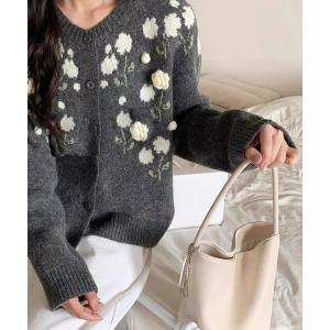 カーディガン 立体花モチーフ刺繍カーディガン レディース