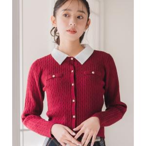 シャツ襟付きケーブルカーディガン