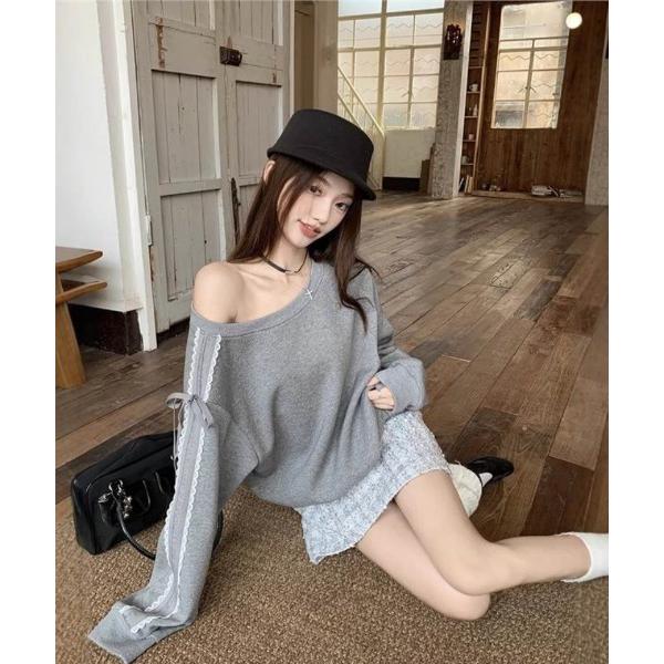 トレーナー スウェット レース＆リボンディテール オフショルダースウェット レディース