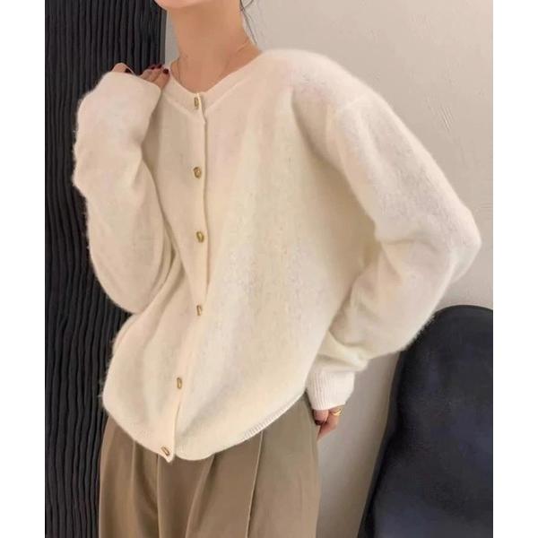 カーディガン クルーネックゴールドボタンニットカーディガン レディース