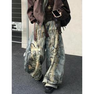 ワイドパンツ ジーンズ 「Bls」「Bling Leads」ダメージ加工プリントバレルレッグデニムパンツ メンズ レディース