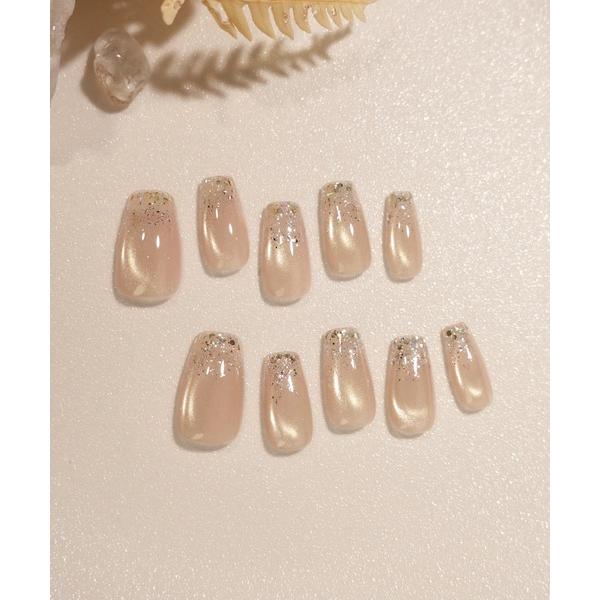 ネイルチップ ネイルシール 3D水光ネイルピンクグラデーションシルバードミラーラインオーバルネイルチ...