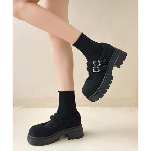 パンプス ダブルストラップ厚底メリージェーンシューズ