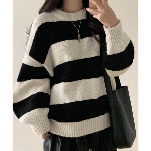 ニット セーター ボーダー柄オーバーサイズニットトップス レディース