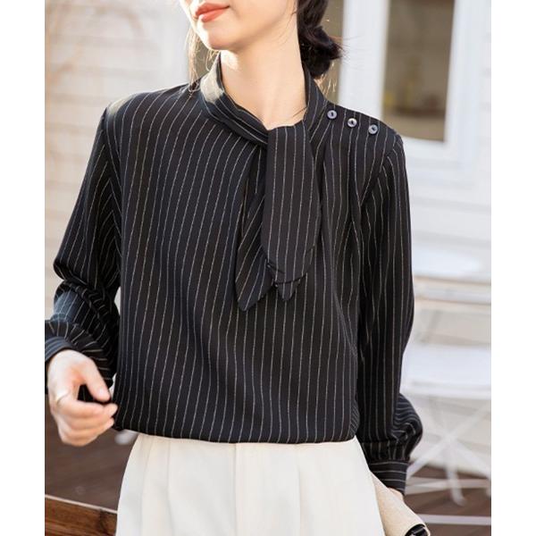 ブラウス シャツ タイネックストライプ柄ブラウス レディース