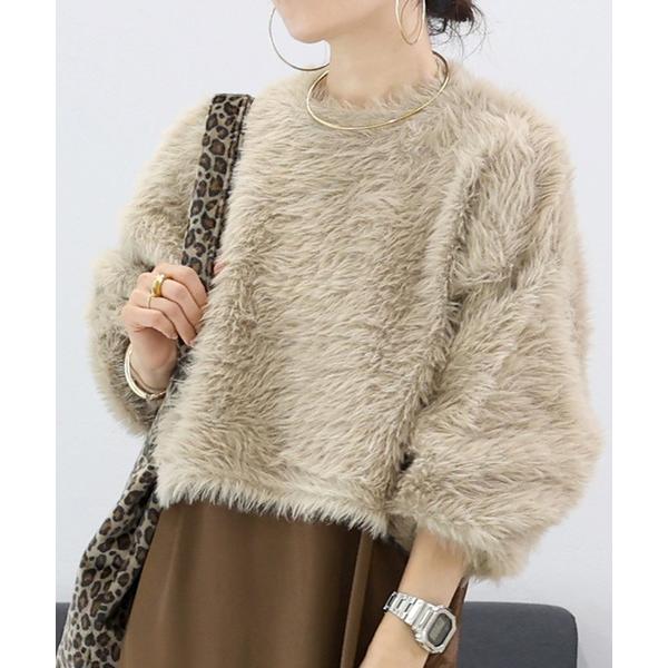 ニット セーター フェザーヤーンクルーネックプルオーバー レディース