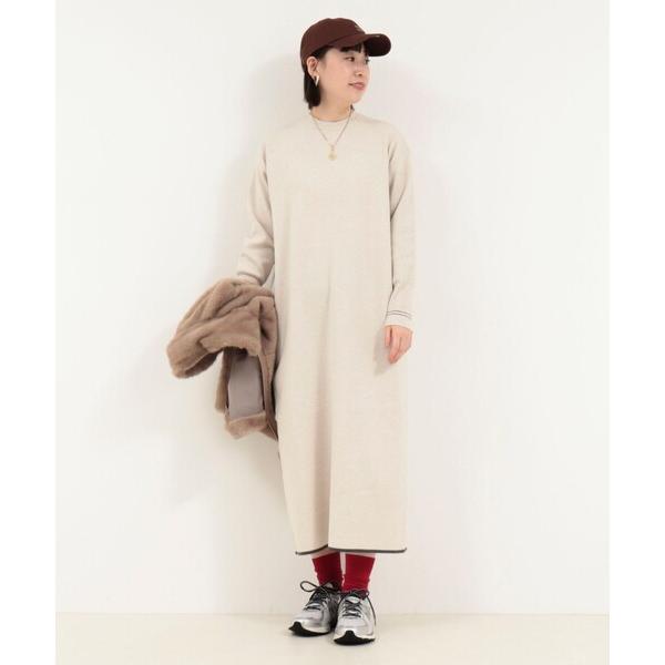 ワンピース やわもち静電防止配色ラインニットワンピース